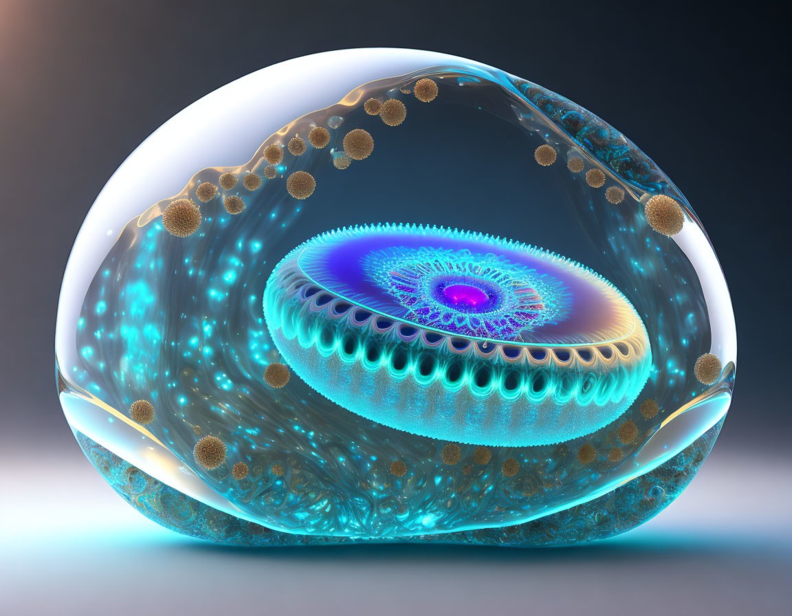 Abstract jellyfish-like entity in translucent bubble with glowing elements on soft background