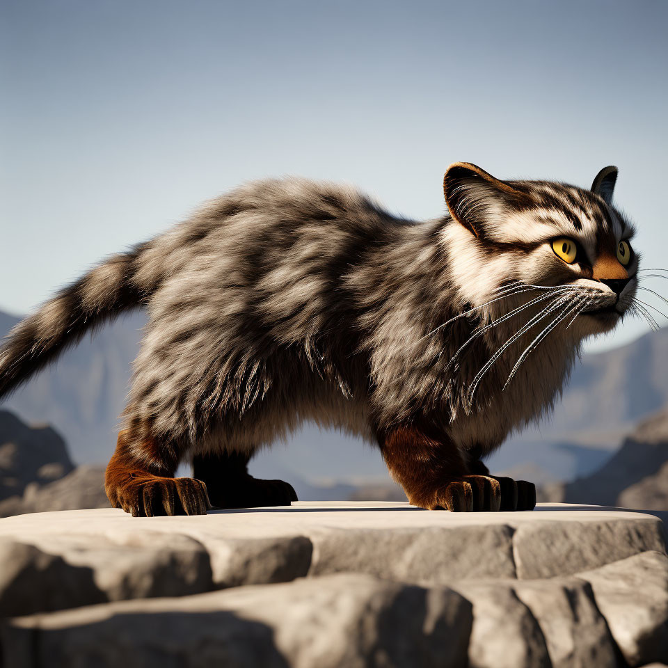 Stylized 3D-rendered cat on rock with exaggerated features in mountainous backdrop