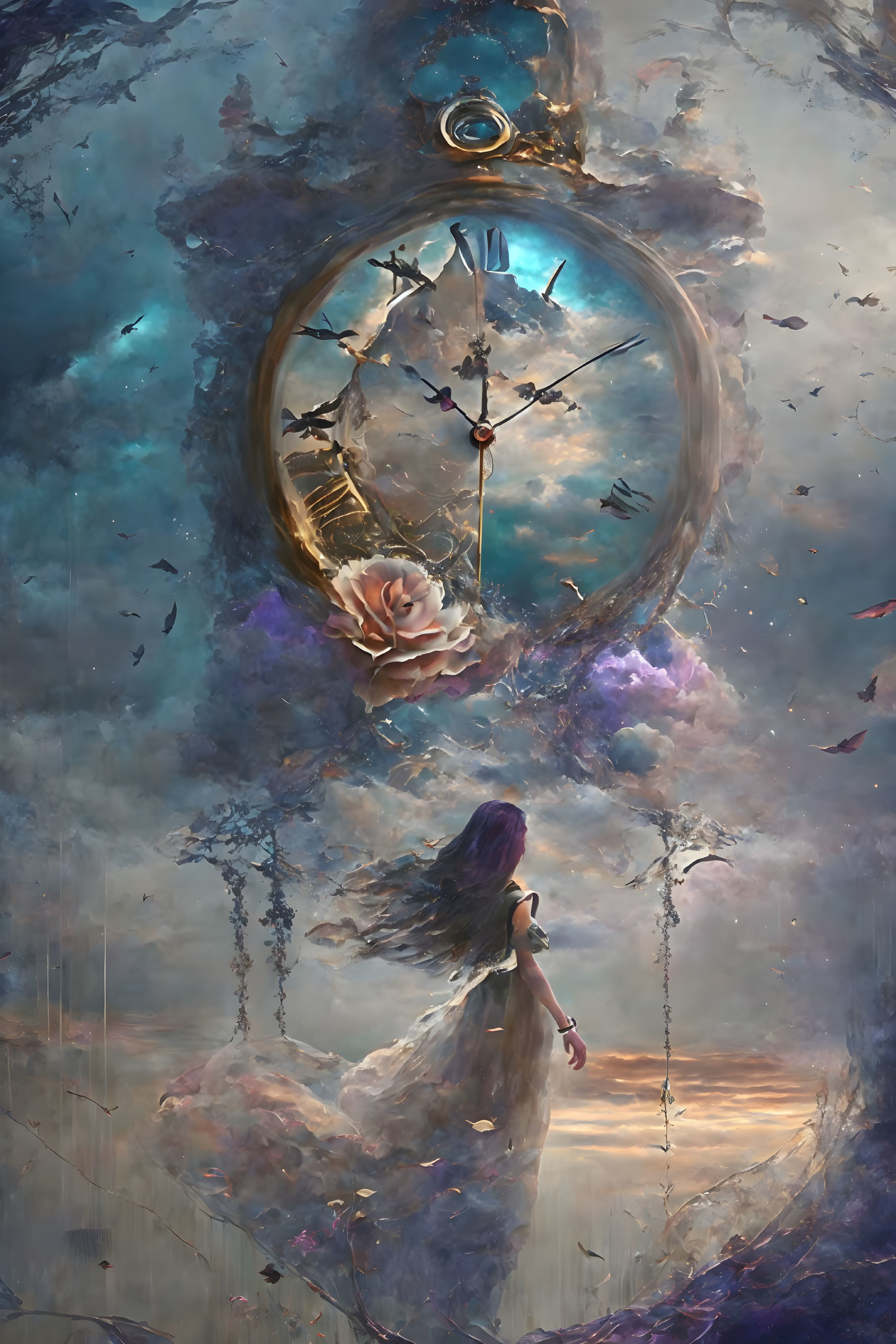 Woman in flowing dress gazes at large floating pocket watch with rose, against surreal cloudy backdrop.