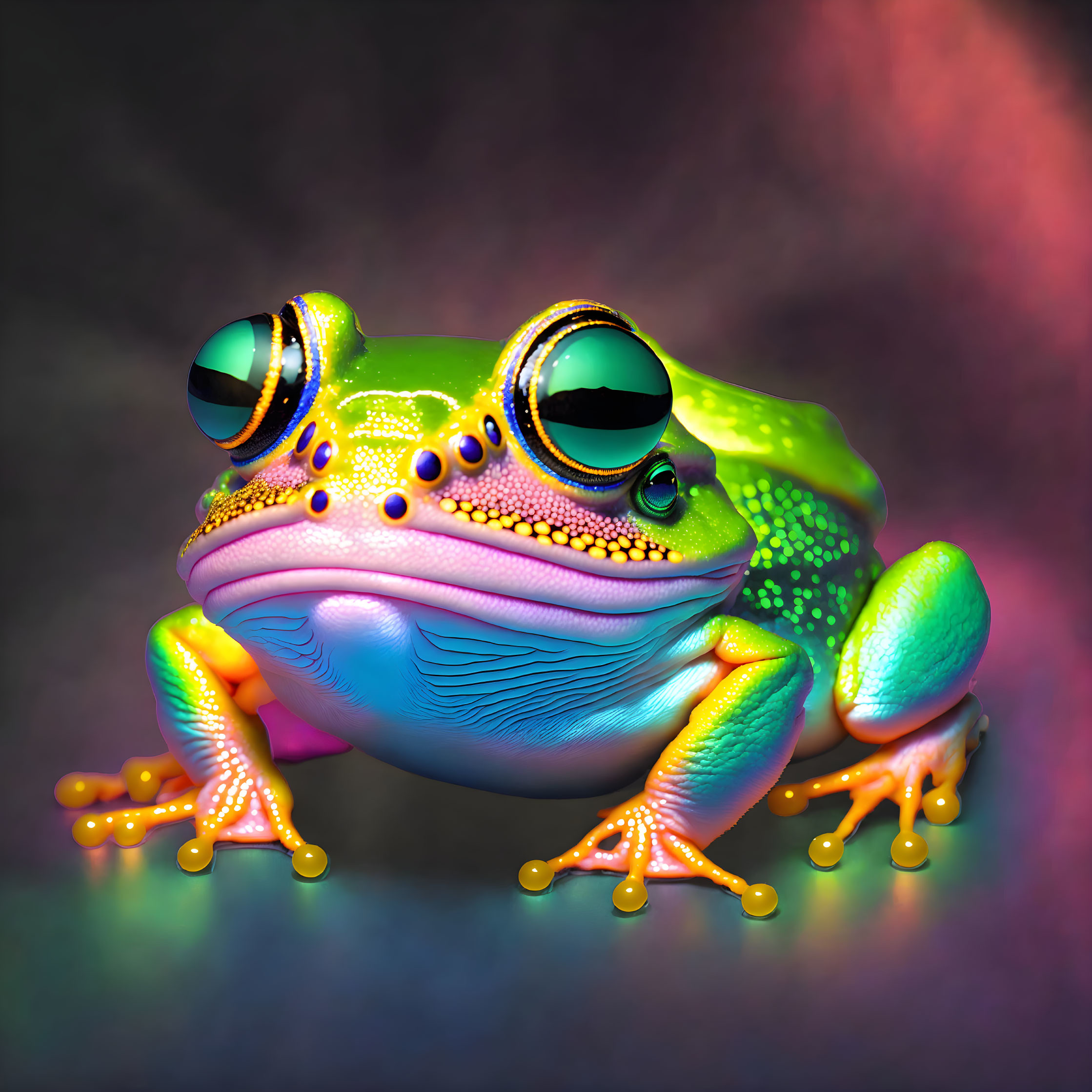 Colorful digital art: Frog with exaggerated eyes and neon skin on multicolored background