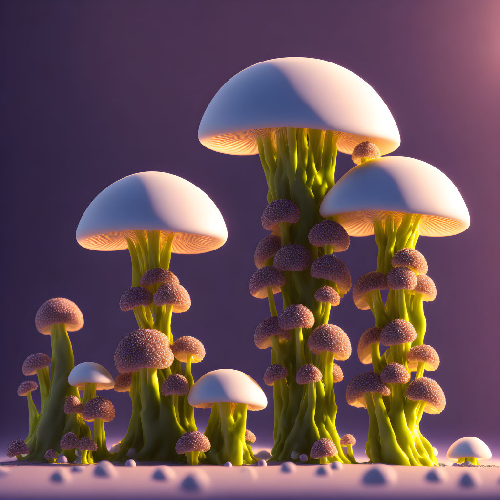 Whimsical oversized mushrooms in 3D illustration