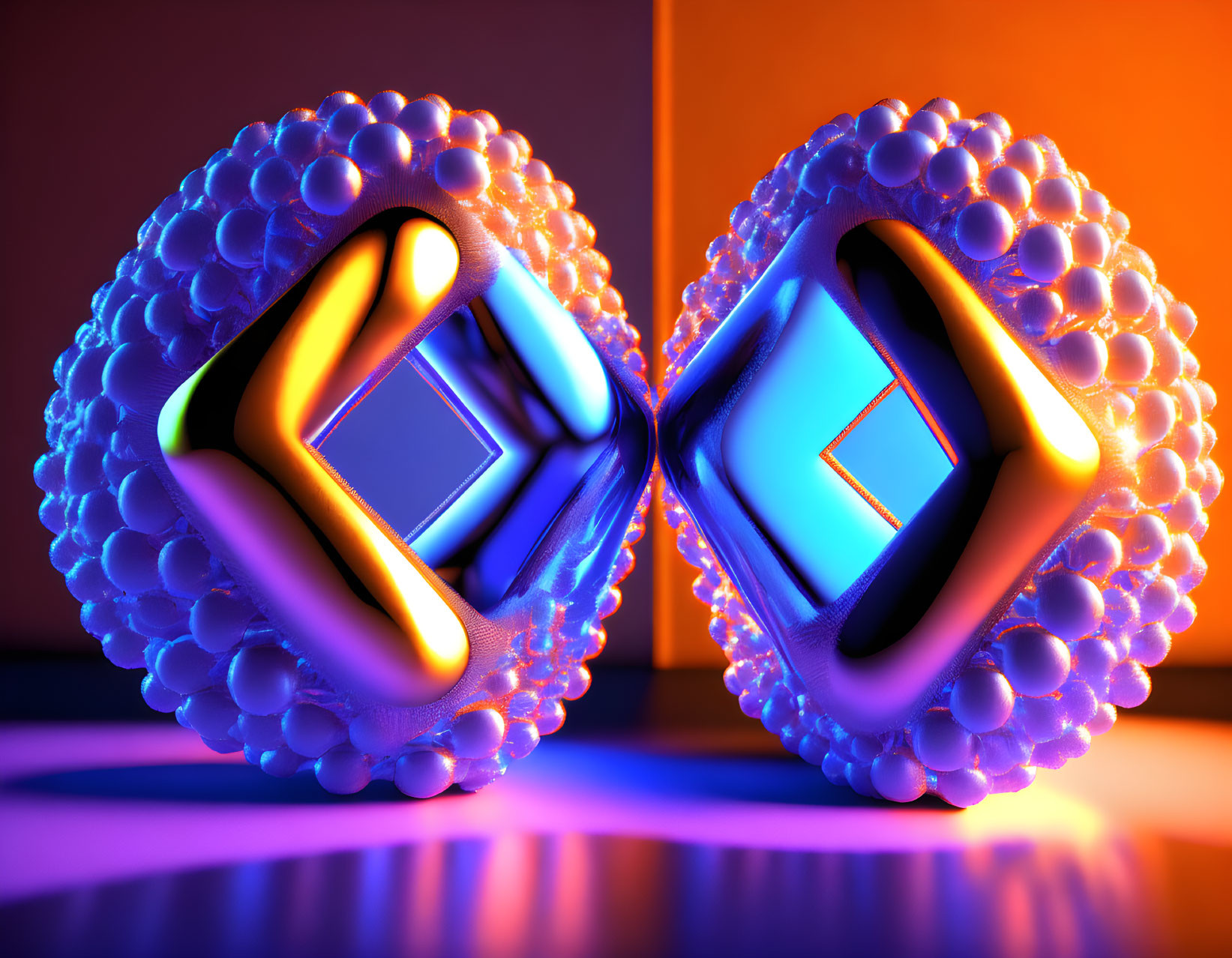 Metallic cubes with illuminated edges in glowing orb spheres on orange and purple surface