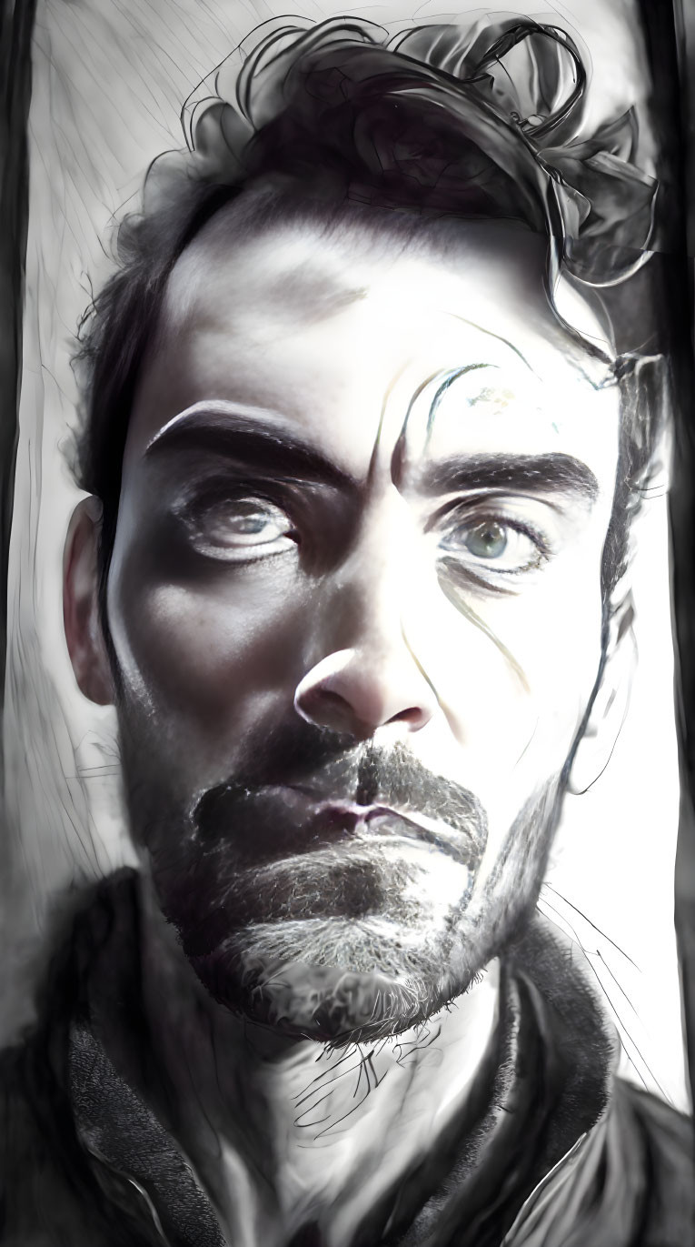 Monochromatic portrait of a man with intense eyes and dramatic shading
