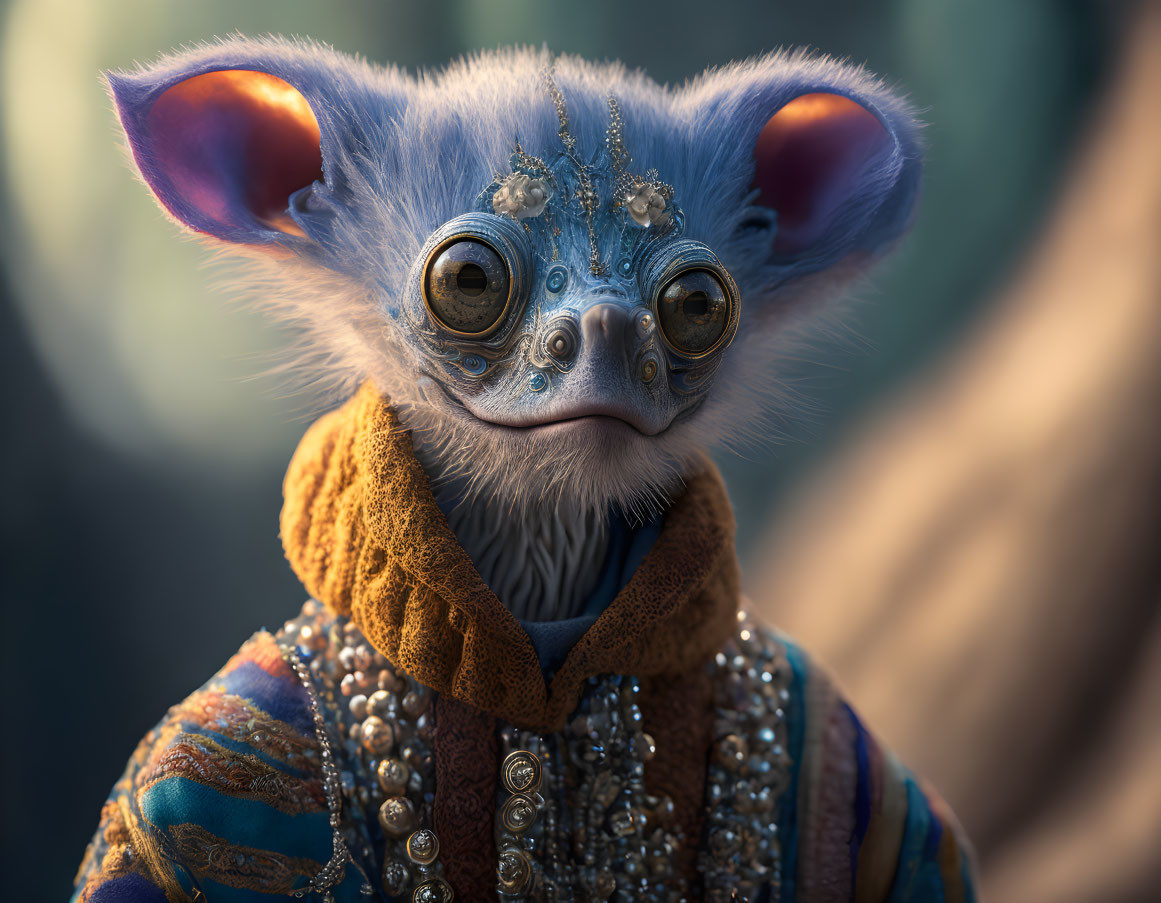 Blue whimsical creature in ornate attire with large ears and eyes.