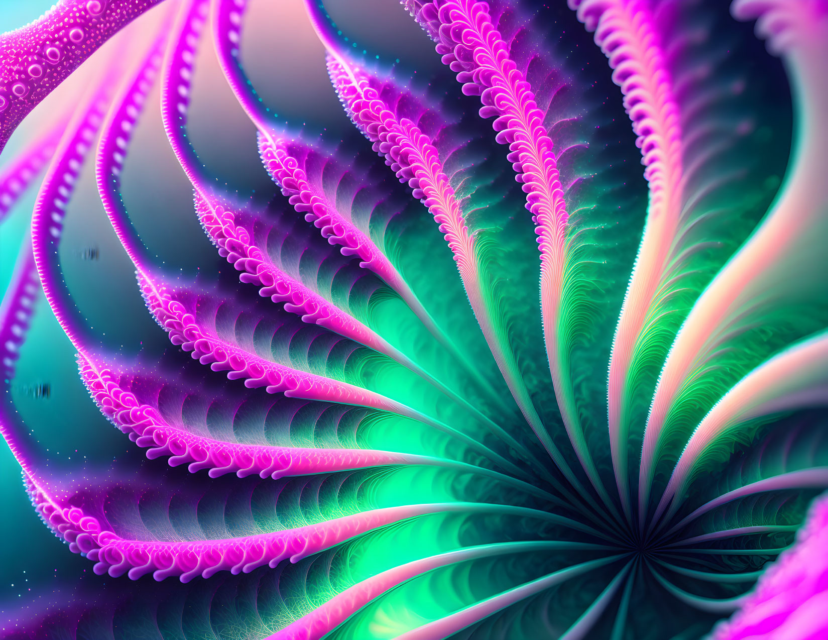 Fractal pattern of leaf-like structures in purple, green, and blue