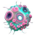 Intricate Fractal Patterns on Spherical 3D Object in Pink, Blue, and White