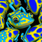 Colorful Blue and Yellow Patterned Frogs on Dark Background