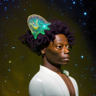 Person with Afro Hair Featuring Cosmic Scene on Starry Background