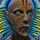 Detailed humanoid illustration with wood-like skin and colorful spiraling patterns.