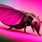 Vivid pink moth with dewdrops on wings perched on spiraled object