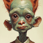 Fantasy creature with large ears, wide eyes, green skin, shirt, vest, and tie.