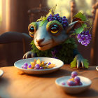 Whimsical creature with large eyes and grape hat surrounded by plates of grapes