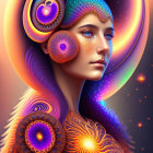 Vibrant cosmic patterns surround woman in surreal portrait