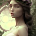 Woman in floral crown and off-shoulder dress with wavy hair in soft makeup against blurred nature