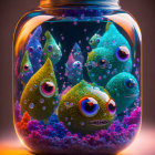 Colorful creatures and coral in glass jar under moody lighting