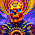 Colorful psychedelic skull art with intricate patterns and cosmic background