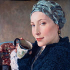 Woman in Blue Headscarf and Sweater Holding Mug with Painting-Like Quality