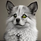 Anthropomorphic fox digital illustration with yellow eyes and white feathered cloak.