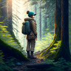 Person with backpack on forest path among tall trees and green moss.