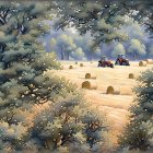 Rural landscape with scattered hay bales, trees, and red tractor