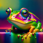 Colorful frog with bulging eyes on reflective surface against rainbow background