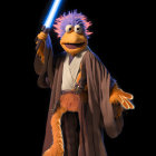 Orange Jedi puppet with blue hair and lightsaber on black background