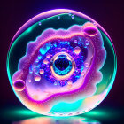 Iridescent soap bubble with intricate patterns and reflections