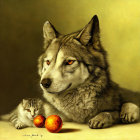 Illustration of Wolf and Kitten with Matching Amber Eyes and Fruits on Warm Textured Background