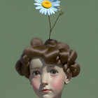 Child with Flowerpot Hair and Daisy in Digital Art