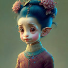 Digital artwork: Character with blue hair, flowers, and elfin ears.