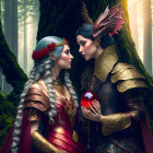 Fantasy characters in elaborate costumes and headdresses in enchanted forest