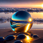 Crystal ball sunset reflection on beach with spheres and sunstar effect