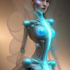 Futuristic humanoid robot with translucent structures and glowing blue circuits