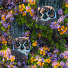 Colorful Illustrated Owls with Striking Blue Eyes in Tree with Purple and Orange Flowers