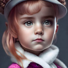 Digital artwork: Young girl with blue eyes, pink hair, purple jacket