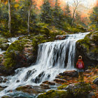 Hiker with red backpack at cascading waterfall in autumn forest