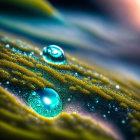 Detailed close-up: water droplets on textured leaf in blue and green color palette