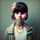 Young girl with dark hair in retro hat and vintage coat, wearing pearl necklace