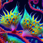 Colorful Underwater Scene with Neon Coral and Fish Species in Dark-Blue Background