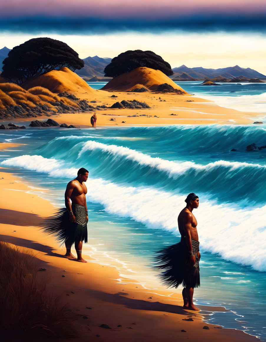 Traditional attire individuals on sandy beach with waves and mountains.