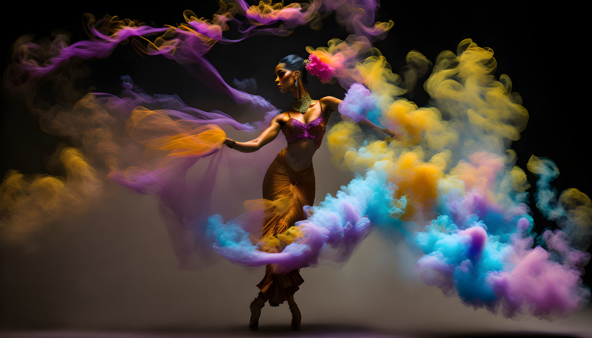 Vibrant attire dancer performs with swirling colorful smoke