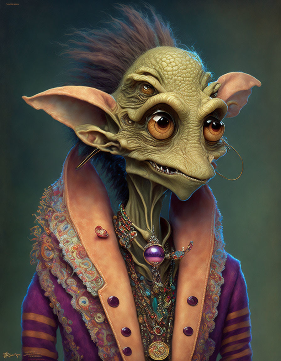 Detailed Fantasy Creature with Large Ears and Pensive Expression in Purple Jacket