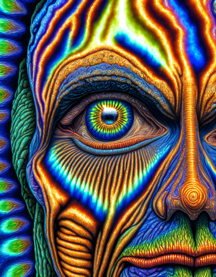 Colorful psychedelic eye with fractal patterns on face