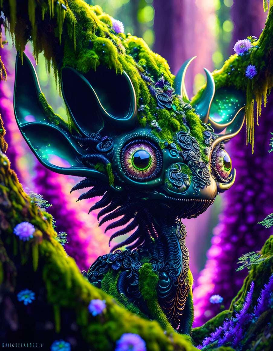 Fantasy creature with glowing eyes and ornate horns in lush, purple forest