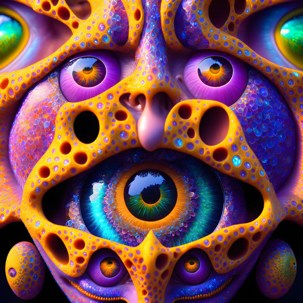 Vibrant surreal digital art: colorful eyes in organic coral-like structure