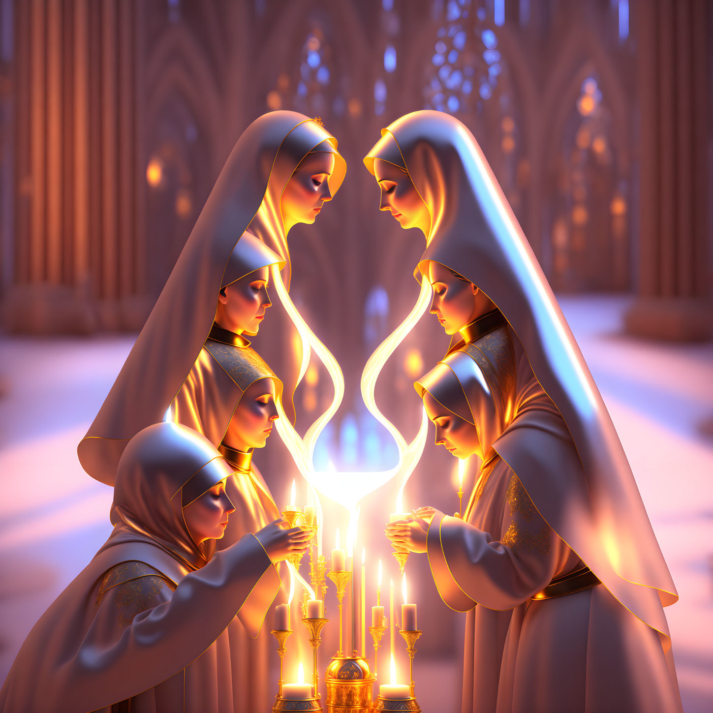 Multiple robed figures with candles around blue flame in cathedral setting