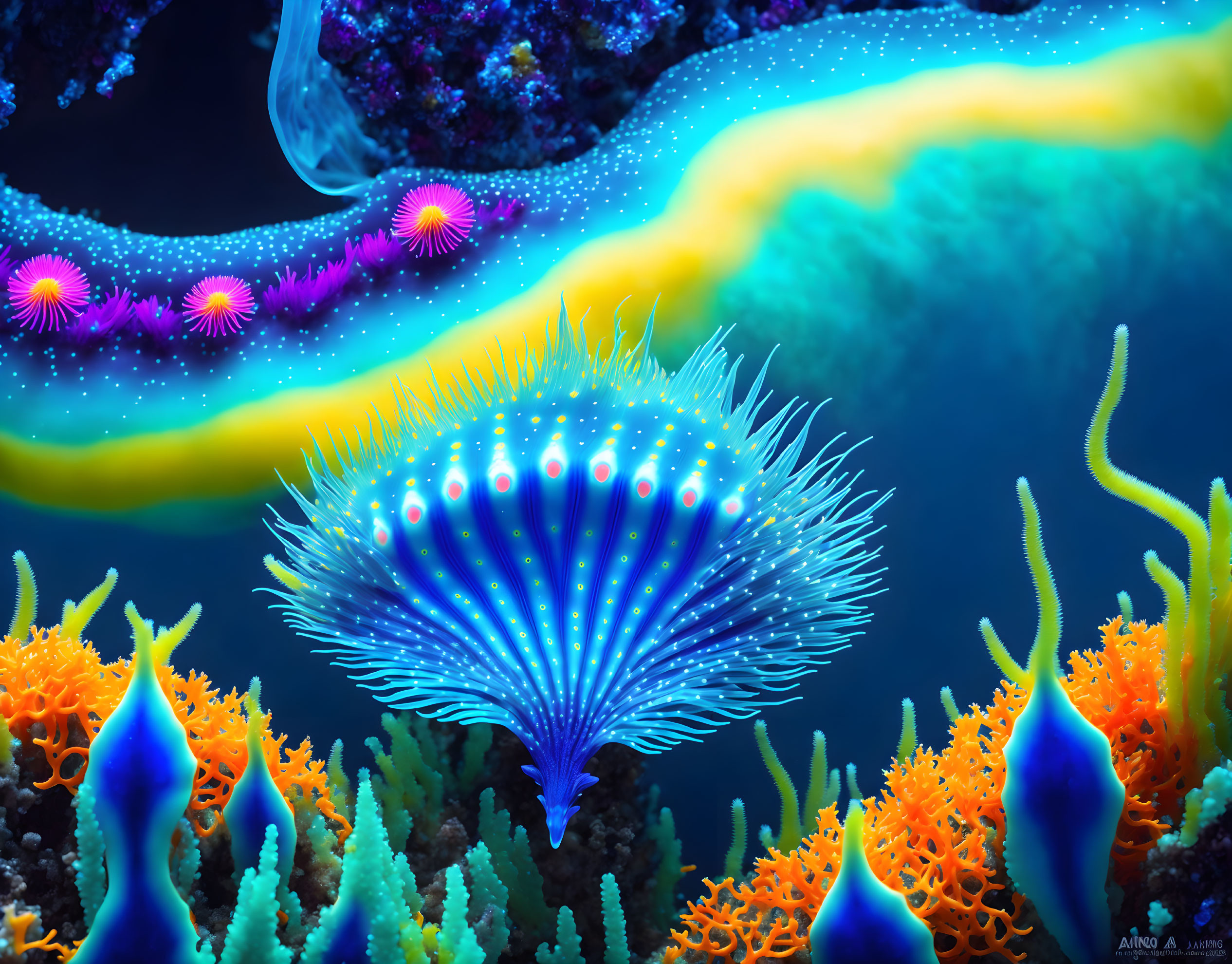 Colorful Bioluminescent Sea Creature in Vibrant Underwater Scene