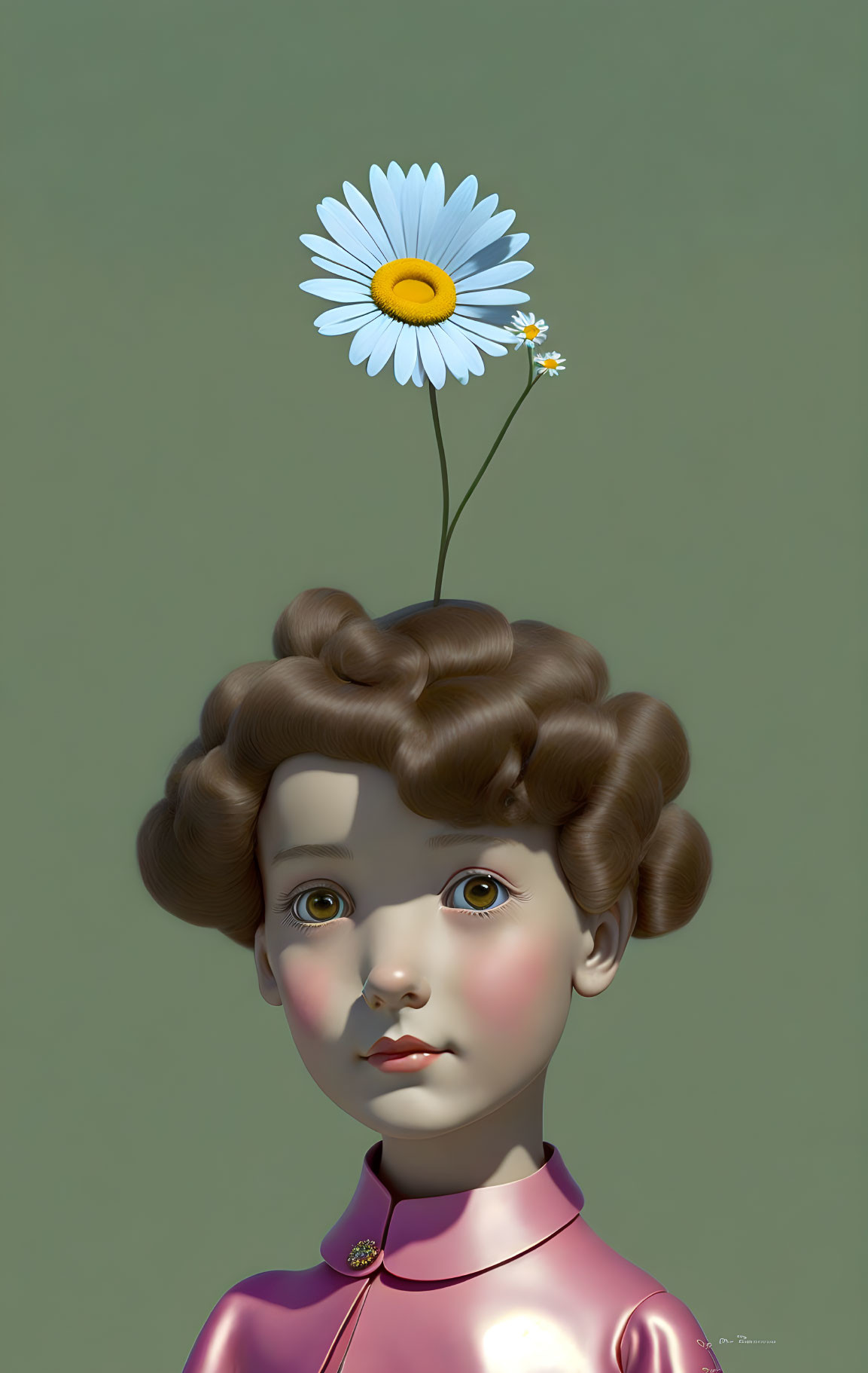 Child with Flowerpot Hair and Daisy in Digital Art