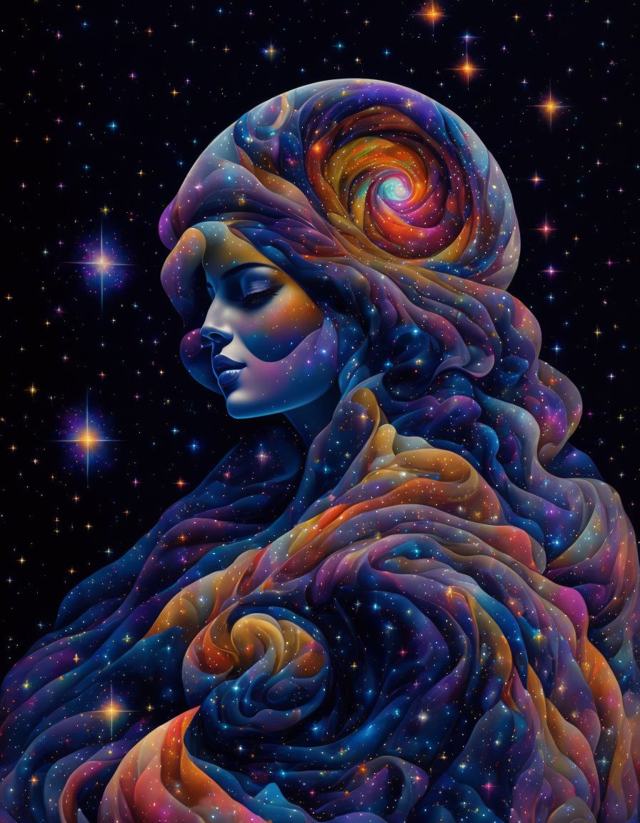 Illustration: Woman with flowing hair merged with galaxies and cosmic swirls