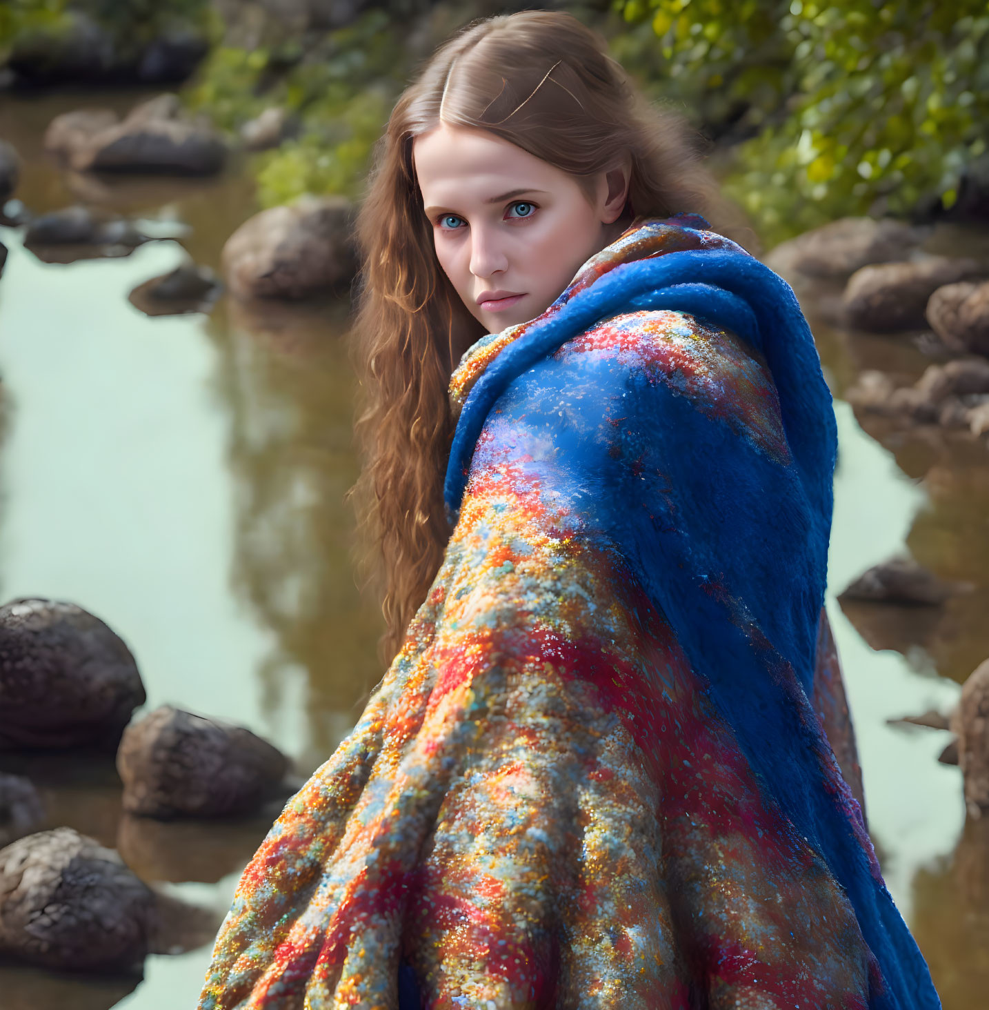 Young woman in multicolored cloak by calm pond